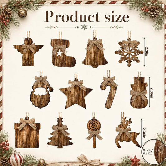 12Pcs Rustic Wooden Christmas Tree Ornaments, Farmhouse Hanging Ornaments