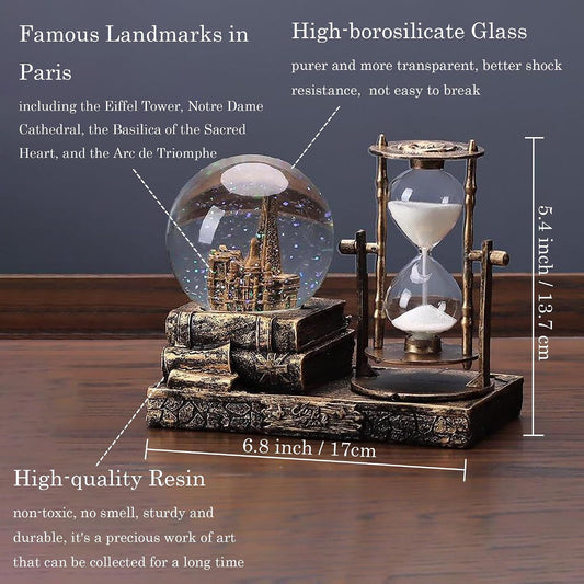 Snow Globe with Hourglass Light Music Vintage Paris Eiffel Tower Home Decor