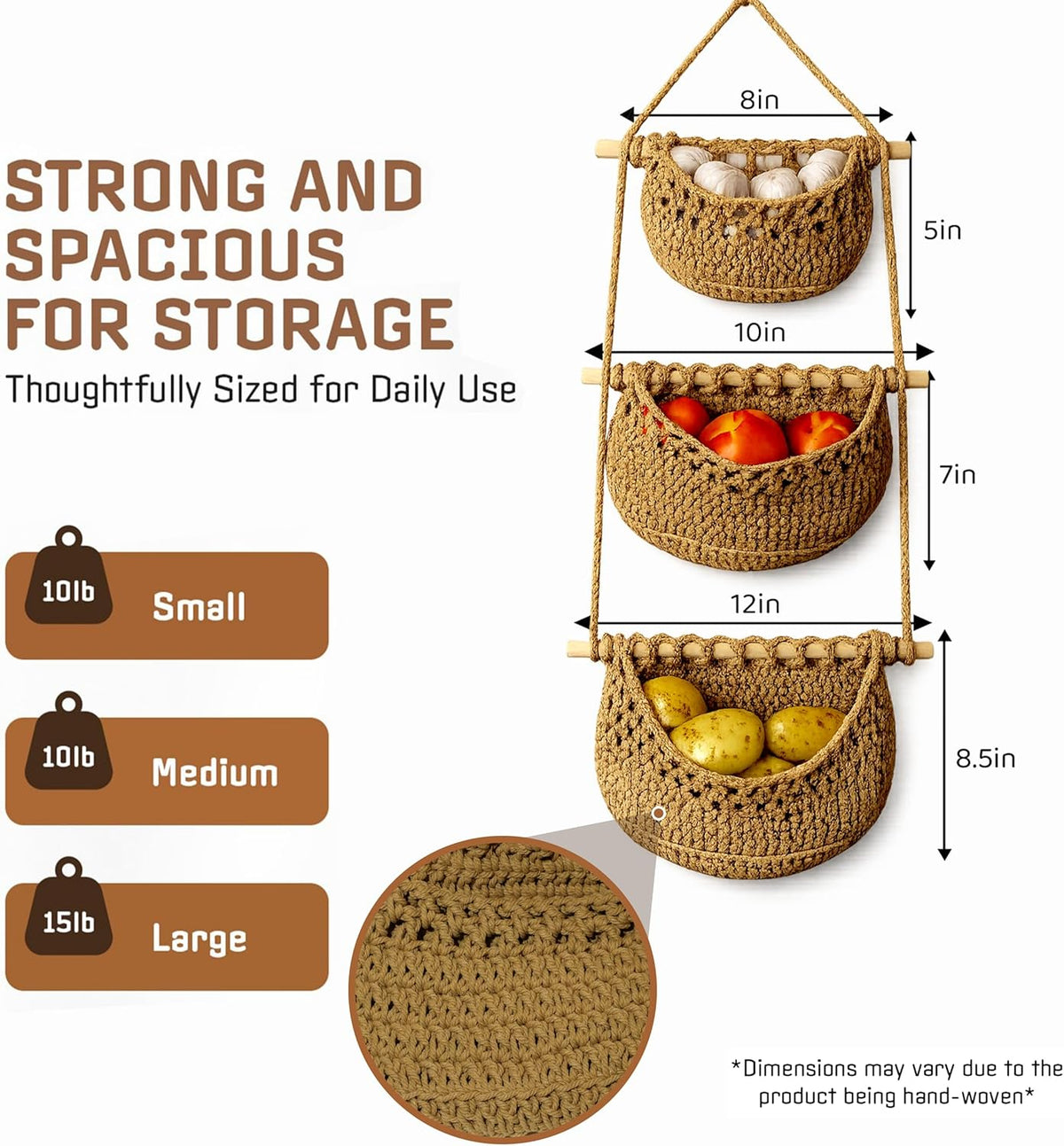Cotton Hanging Fruit Basket,3 Tier Woven wall Basket, hanging Storage baskets for Kicthen and Bathroom, Macrame wall hanging, Boho Decor Over The Door Decor Organizer, White (Brown)