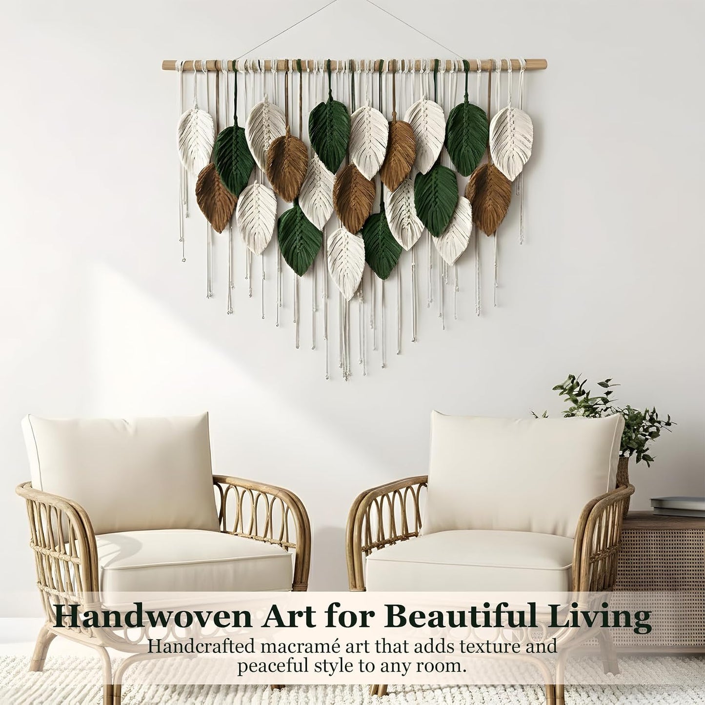 KORSIV Large Macrame Wall Hanging Boho Woven Tapestry, Modern Bohemian Handmade Leaf Feather Wall Art Decorations for Apartment Dorm Living Room Bedroom Nursery Backdrop, Chic Home Decor