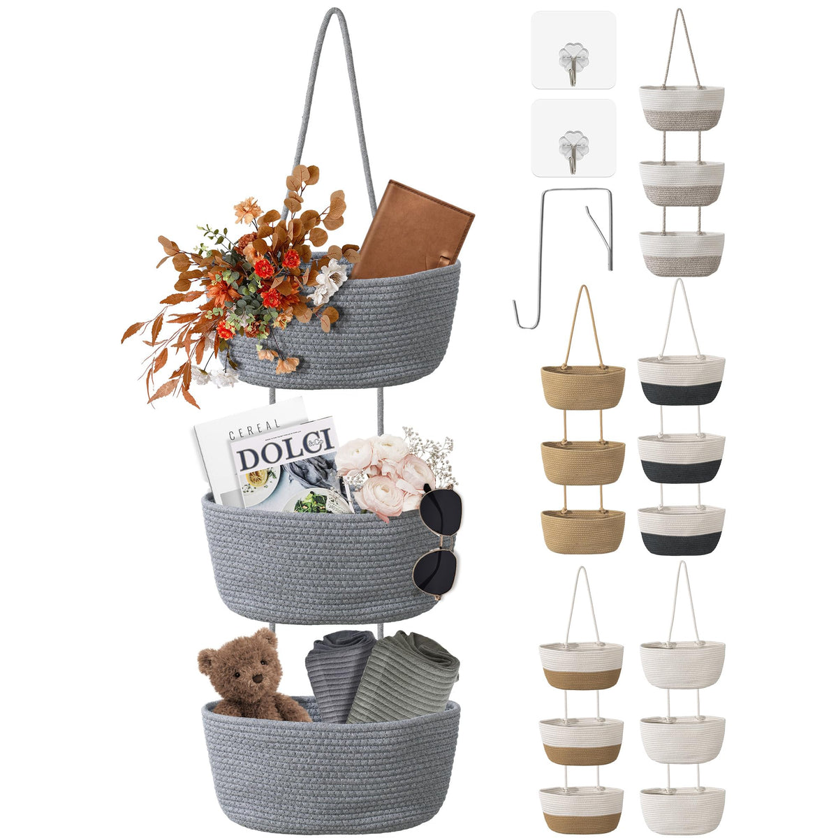 3 Tier Wall Mounted Woven Hanging Basket, Over the Door Hanging Basket with Hooks, Decorative Storage Hanging Closet Removable, Large Wall Basket for Living Room, Bedroom, Kitchen (Brown)