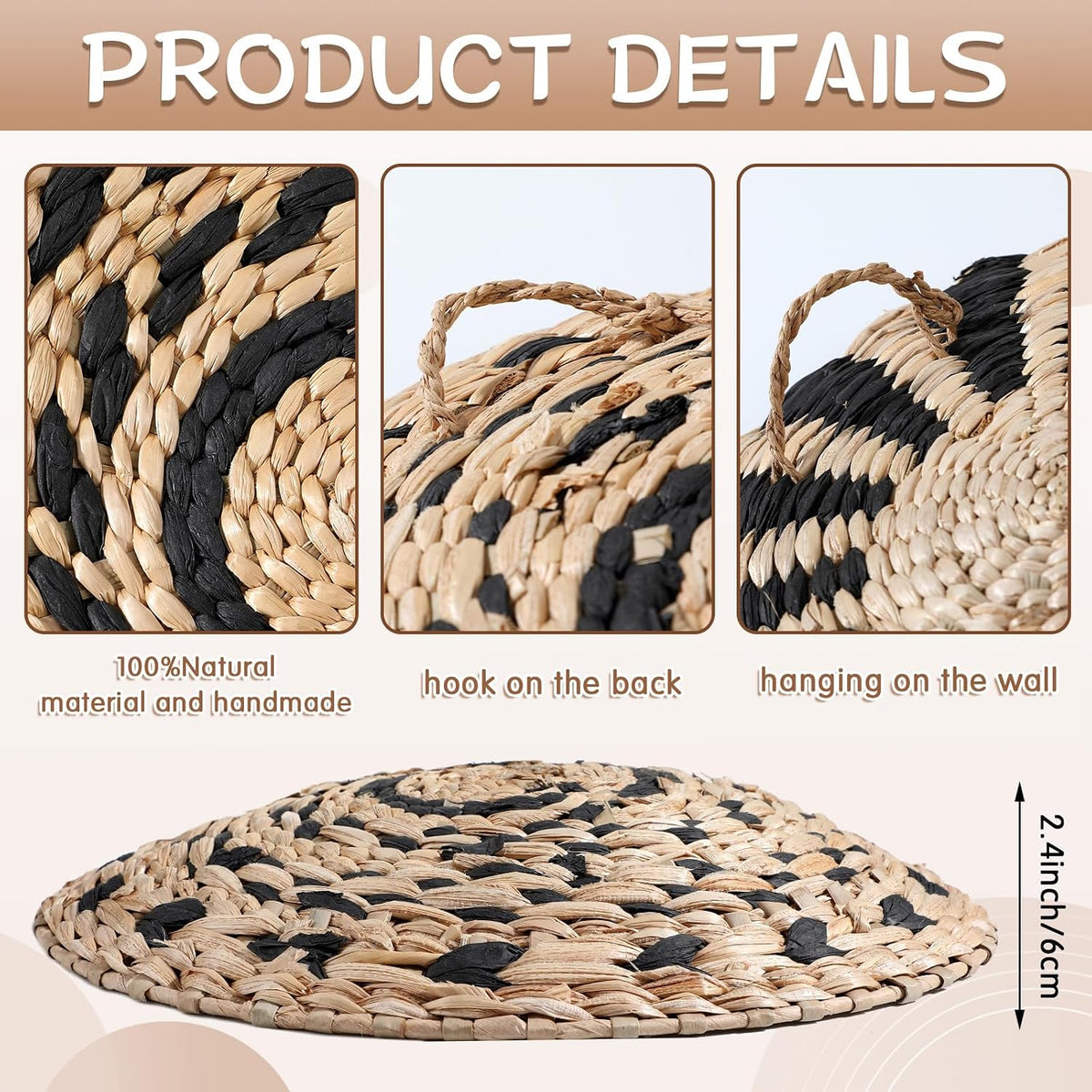 CroBlissful 7 Pcs Boho Wall Baskets Woven Seagrass Round, Classic