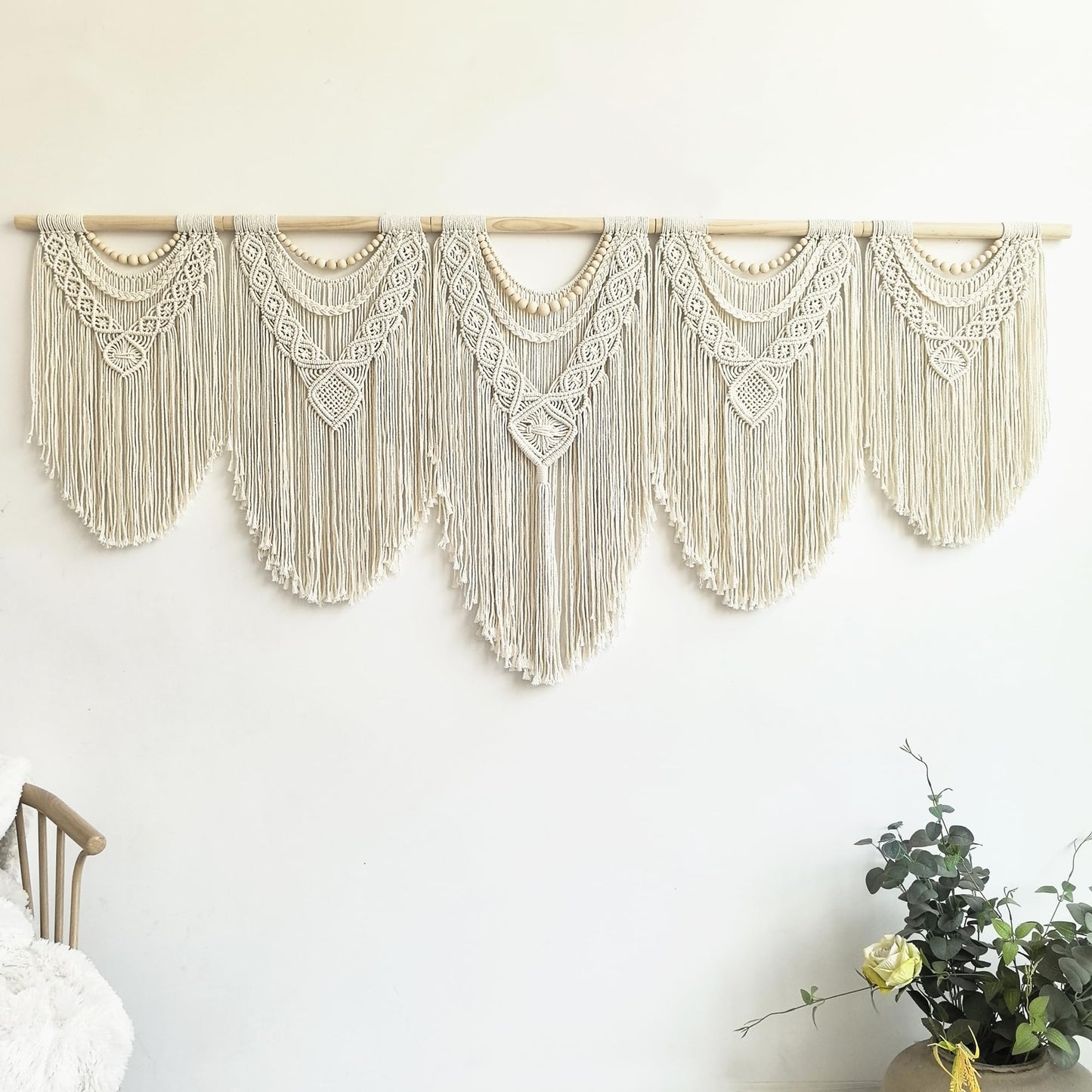 guzhiou Large Macrame Wall Hanging, 27'' W x 36'' L Boho Art Tapestry Wall Decor for Urban entryway,Living Room,Bedroom Decor, headboard Woven, Big Fiber Art Over Couch (Wood Bead)