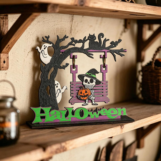 Halloween Decor Skeleton Swing Wooden Desktop Ornament Swing Skull Pumpkin Desktop Decoration Freestanding Wooden Craft Ornament for Halloween Indoor Decor