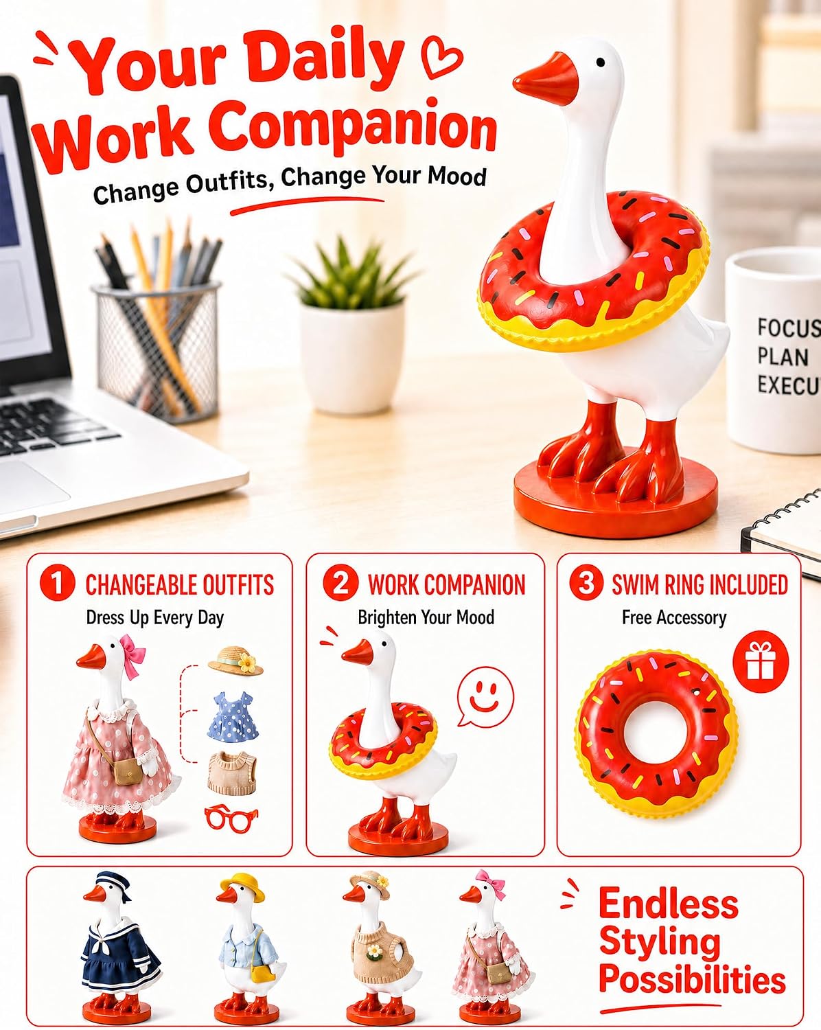 7 Inch Desk Goose with Magnetic Beak and Stable Base, Cute Resin Desktop Statue Key Holder with Donut Swim Ring, Mini Porch Goose Figurine Decor for Home Office Table, Funny Gift
