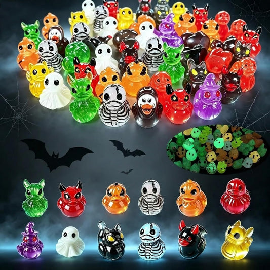 20Pcs Mini Devil Ghost Skull Resin Ducks, Cute Spooky Halloween Glow Ornaments, Creative Miniature Figurines for Home Desktop Garden Decor and Party Gifts (Mixed Colors (Luminous Version))