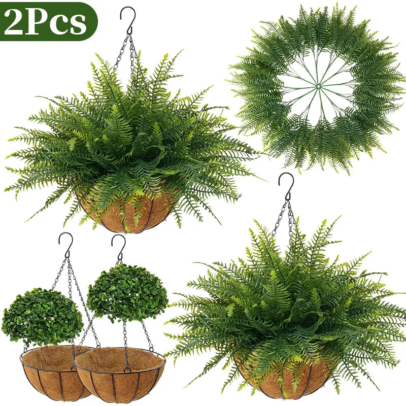 2 Pcs Low-Maintenance Artificial Hanging Fern Plant Set, Outdoor UV-Resistant Faux Ferns with Flower Basket, Hanging Baskets Included for Patio Garden Home Decor