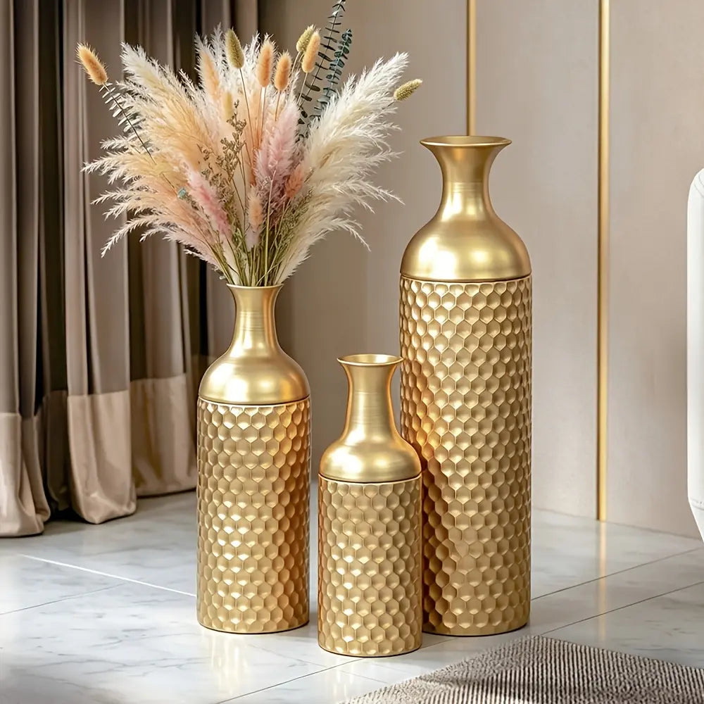 3pcs Metal Tall Floor Vase, Large Golden Vase Decorative Tall Stand Vases, Modern Honeycomb Texture Big Standing Vases for Dried Flower Embossed Body Pattern, 27.6" H/22.8" H/17.4" H Geometric Cylinder