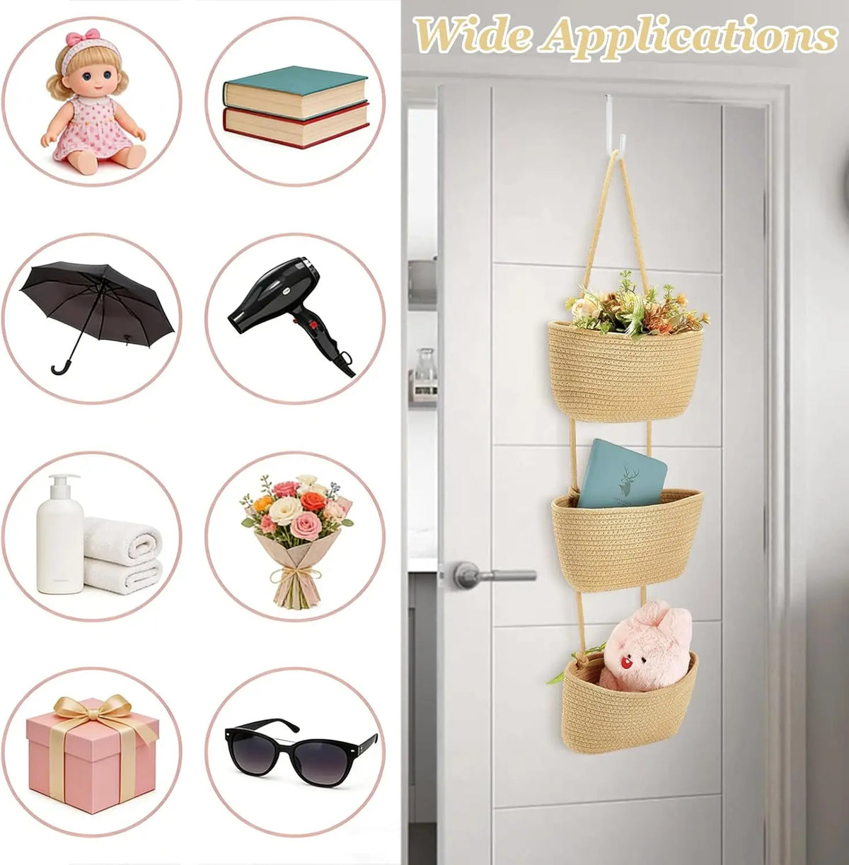 1/2-Pack Adjustable 3-Tier Woven Cotton Wall Hanging Baskets with 4 Hooks - Over-the-Door Jute Home Supplies Storage Organizer for Nursery, Bathroom, Entryway Decor, Baby Showers