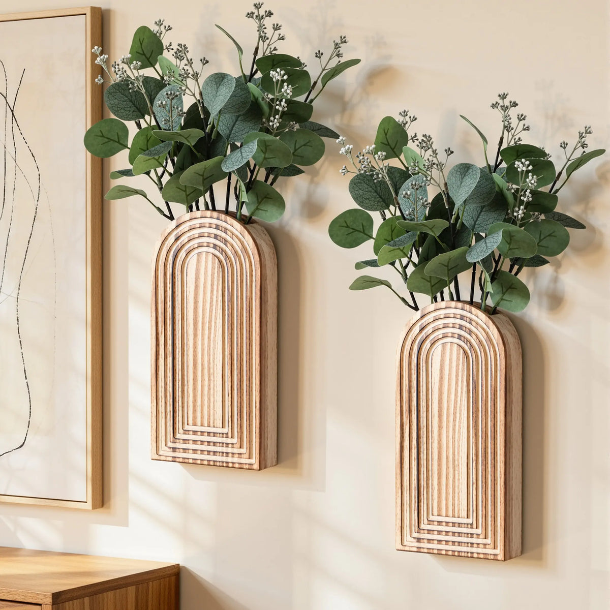 Ivydale 2-Pack Decorative Lightweight Wooden Wall Vase Set with Fake Plants, Boho Modern Farmhouse Hanging Planters for Narrow Spaces, Brown House Decor Gift for Bedroom Aesthetic Decorations, Wall Decor