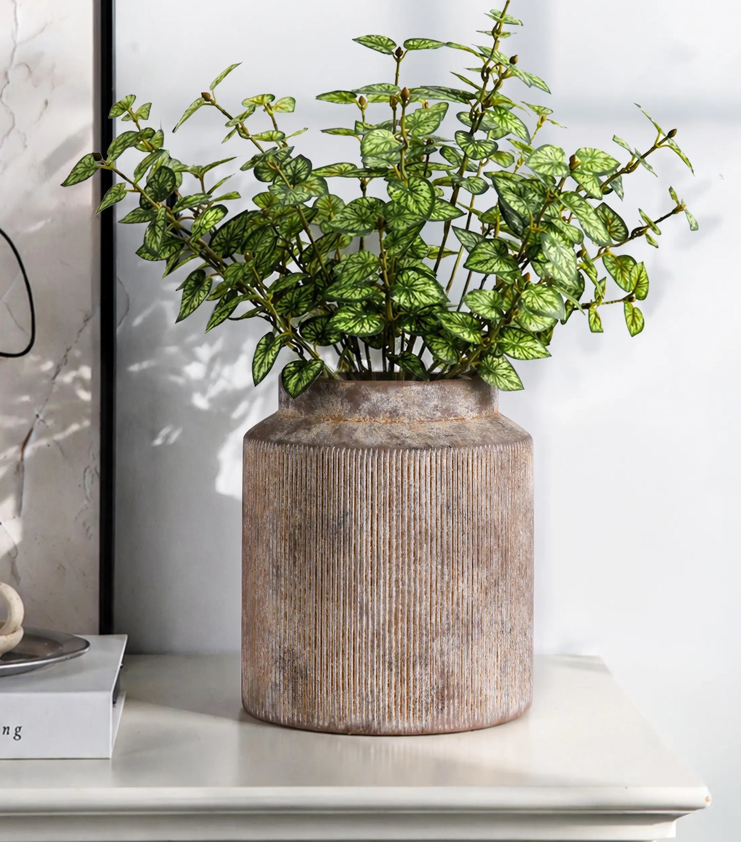 Ivydale 7-Inch Terracotta Ceramic Flower Vase - Rustic Retro Short Wide-Mouth Vase for Berry Arrangements, Cotton Displays, Brush Storage, Home Decor Gifts (Entryway Table, Bedroom)
