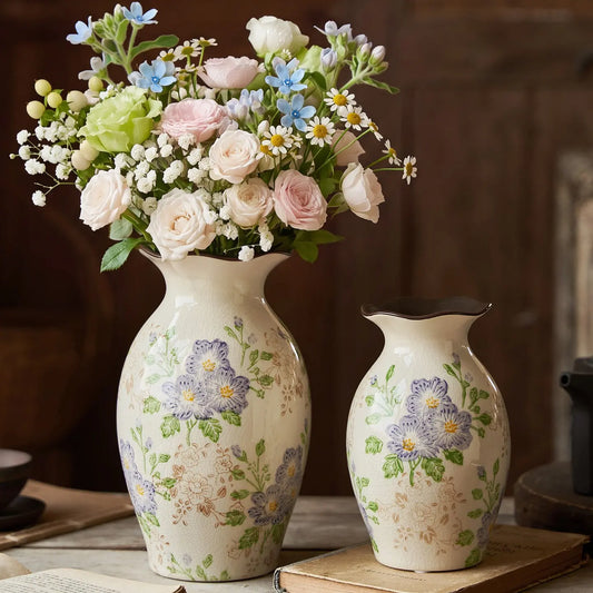 Handmade Ceramic Floral Vase, Hand-Painted Crackle Glaze Flower Vase, French Country Rustic Home Decor, Elegant Table Centerpiece