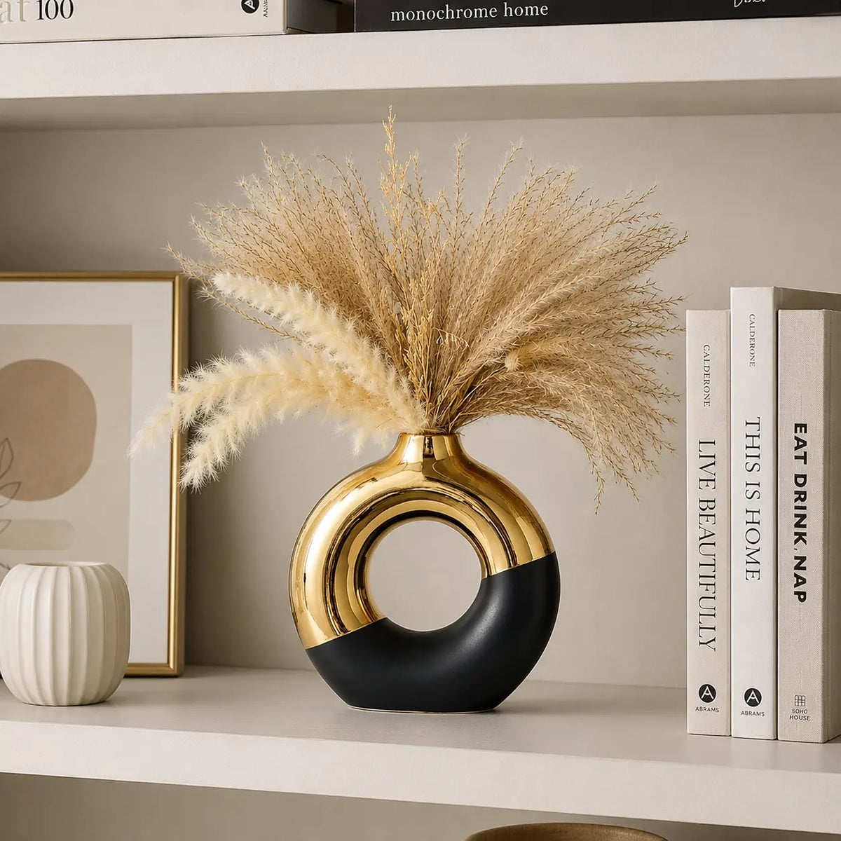 Platinum Ceramic Oval Centerpiece Vase - Plain, Modern, Bohemian, Minimalist Decorative Modern Plant Vase for Entryway, Dried Flower & Reed Holder, Special Occasion Souvenir (O-shaped Design)