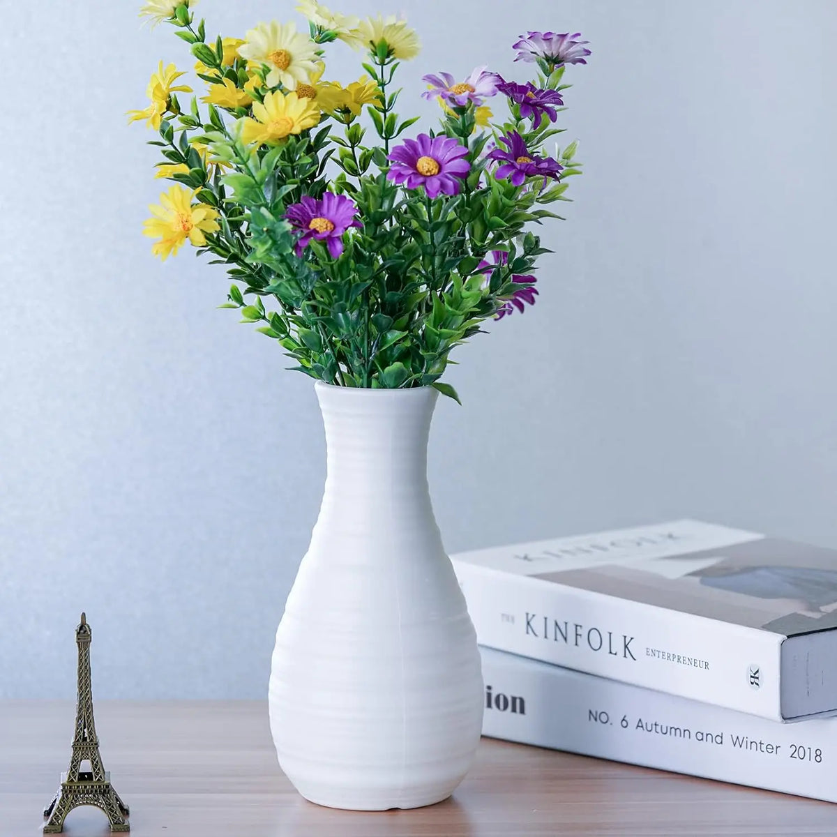 2-Pcs 8x2.7in Composite Plastic Flower Vases - Ceramic Look, Shatter-Resistant Home Decor Accessory for Easy Home Care, Natural Lines Design, Small Shelf/Table Fit, All-Season Dinner Party Centerpieces, Room Decor