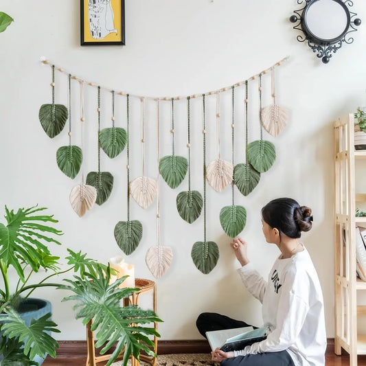 Handmade Macrame Woven Wall Hanging - Boho Leaf Tapestry with Large Green Leaves & Feathers - Chic Hangable Home Artwork for Bedroom, Entryway - Ideal Wedding Gift Wall Decor, Cotton, Transparent