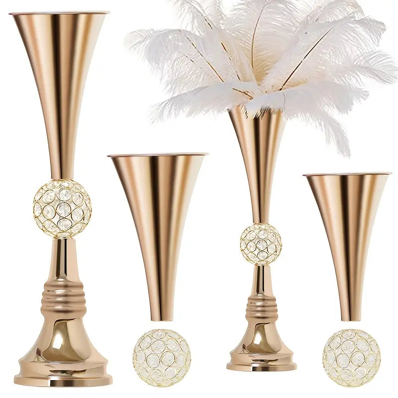 2-Piece Glamorous Gold 22-in Cylindrical Vases - High-Geometric Crystal-Inlaid Rust-Resistant Metal, Feather-Ready, Ideal for Room Decor, Thanksgiving, Easter, Valentines Day Reception Tables, Gatsby-Themed Events