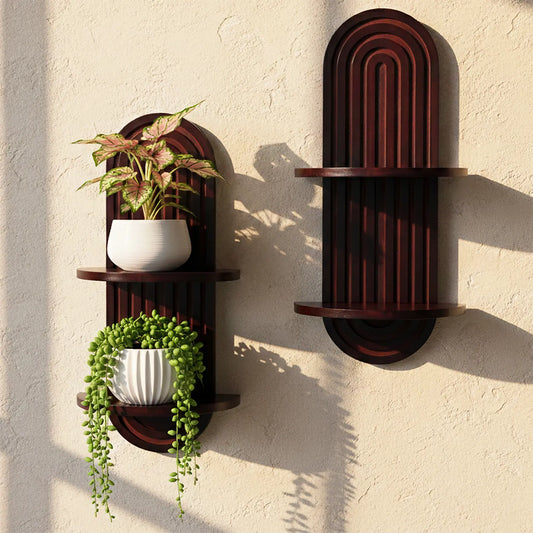 2-Pack Boho Arched Wooden Floating Wall Shelves Set, Mid-Century Modern Decorative Nature-Inspired Plant Shelves for Home Living Room, Easy Installation