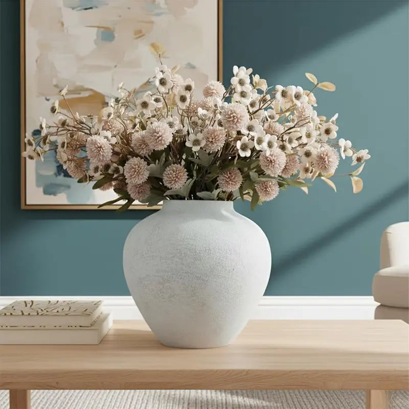 11 Inch Wide Textured Stone Look Metal Decorative Vase Large White Rustic Farmhouse Garden Vase for Table Centerpiece Home Decor
