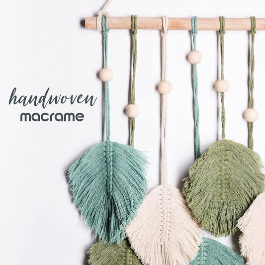 SnugLife Macrame Wall Hanging Leaves - Large Chic Feather Boho Decor, Handmade Yarn Woven Art Leaf Tapestry for Nursery, Bedroom, Living Room, 17 X 22 Inch (Green, Sage Green & Beige)