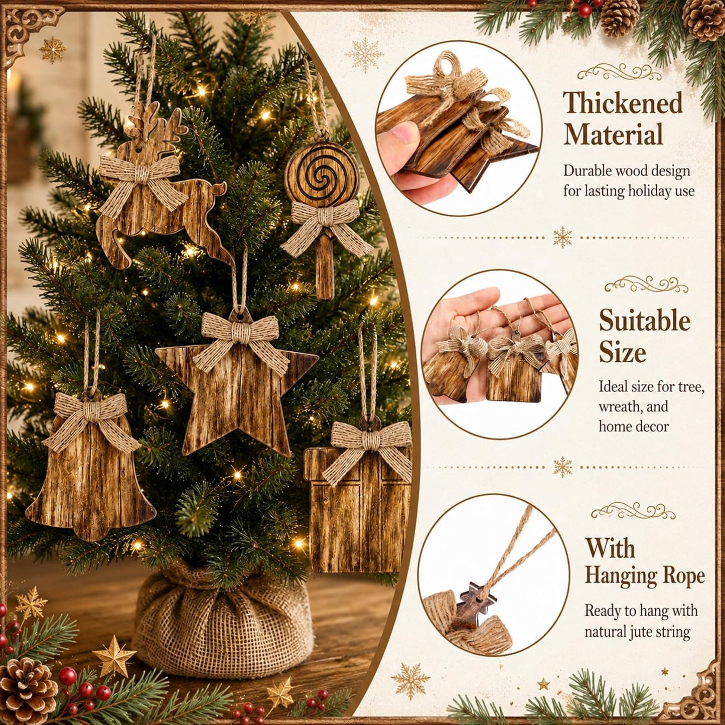 12Pcs Rustic Wooden Christmas Tree Ornaments, Farmhouse Hanging Ornaments