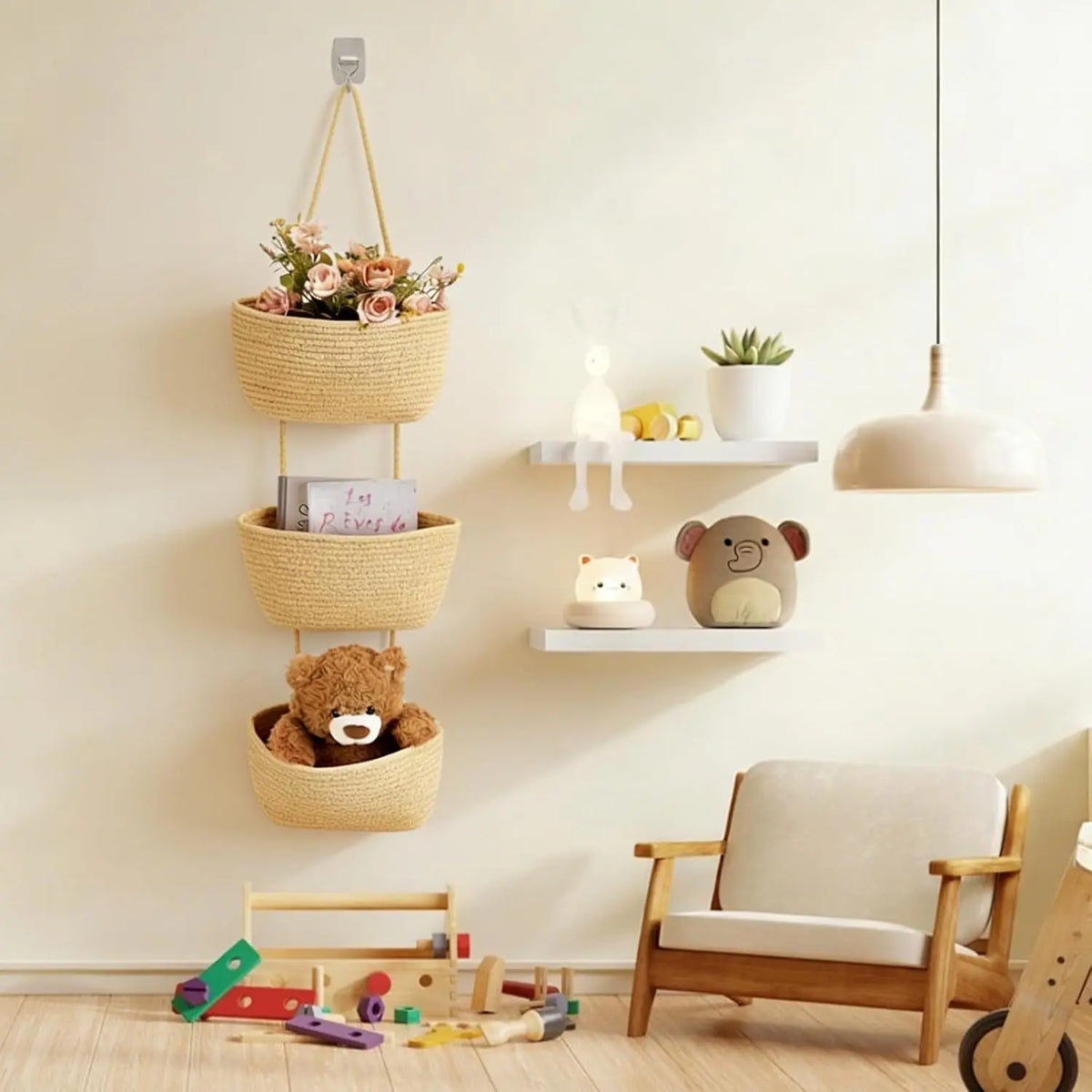 1/2-Pack Adjustable 3-Tier Woven Cotton Wall Hanging Baskets with 4 Hooks - Over-the-Door Jute Home Supplies Storage Organizer for Nursery, Bathroom, Entryway Decor, Baby Showers