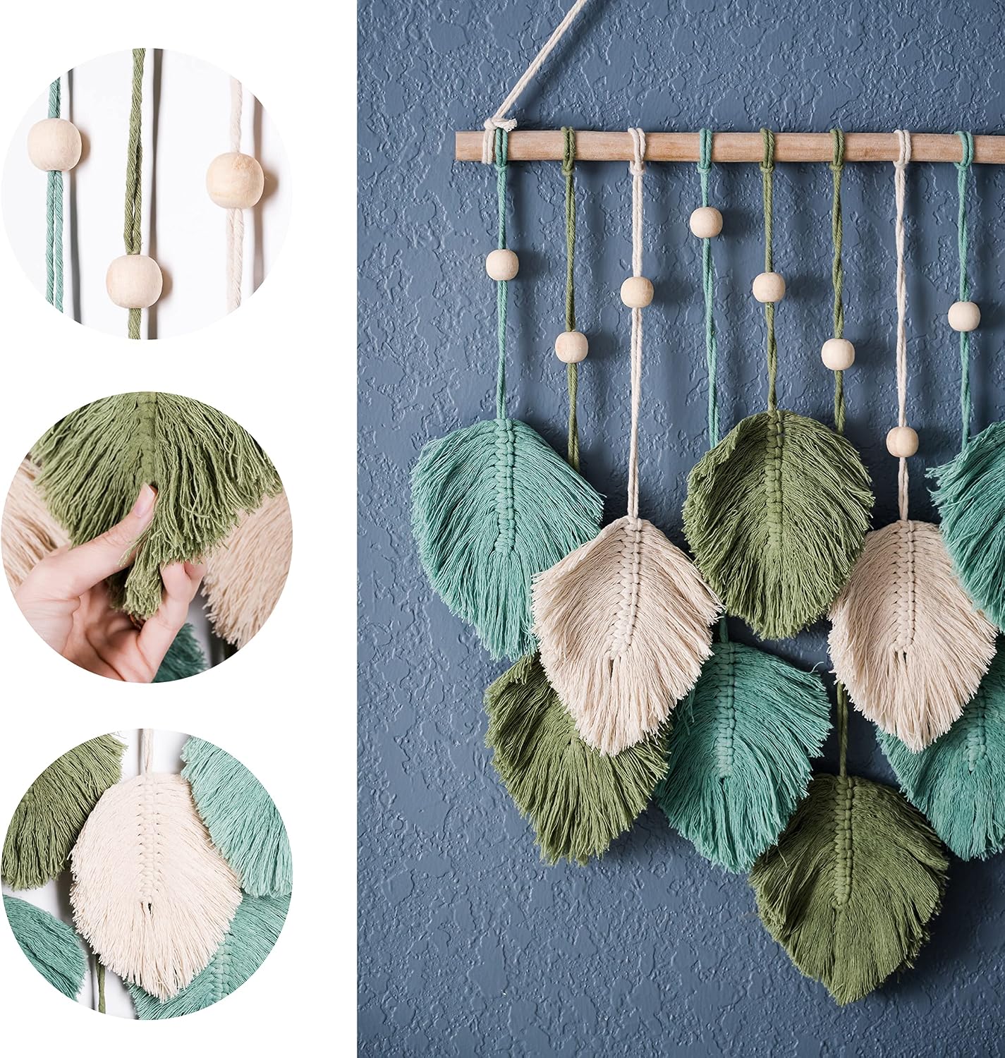 SnugLife Macrame Wall Hanging Leaves - Large Chic Feather Boho Decor, Handmade Yarn Woven Art Leaf Tapestry for Nursery, Bedroom, Living Room, 17 X 22 Inch (Green, Sage Green & Beige)