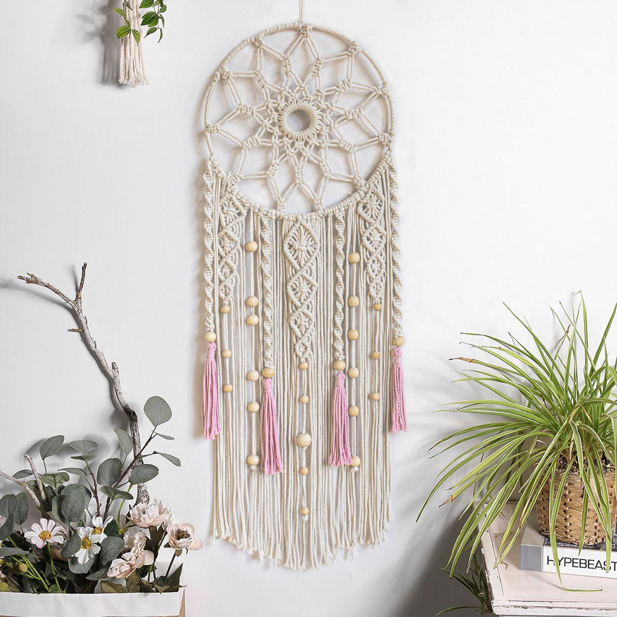 LB Long Boho Macrame Wall Hanging, Green Beige Handmade Cotton Woven Tapestry, Modern Geometric Bohemian Wall Decor for Bedroom Living Room, Nature Inspired Room Decor 31.5" x 9.84"