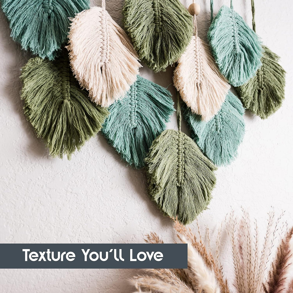 SnugLife Macrame Wall Hanging Leaves - Large Chic Feather Boho Decor, Handmade Yarn Woven Art Leaf Tapestry for Nursery, Bedroom, Living Room, 17 X 22 Inch (Green, Sage Green & Beige)