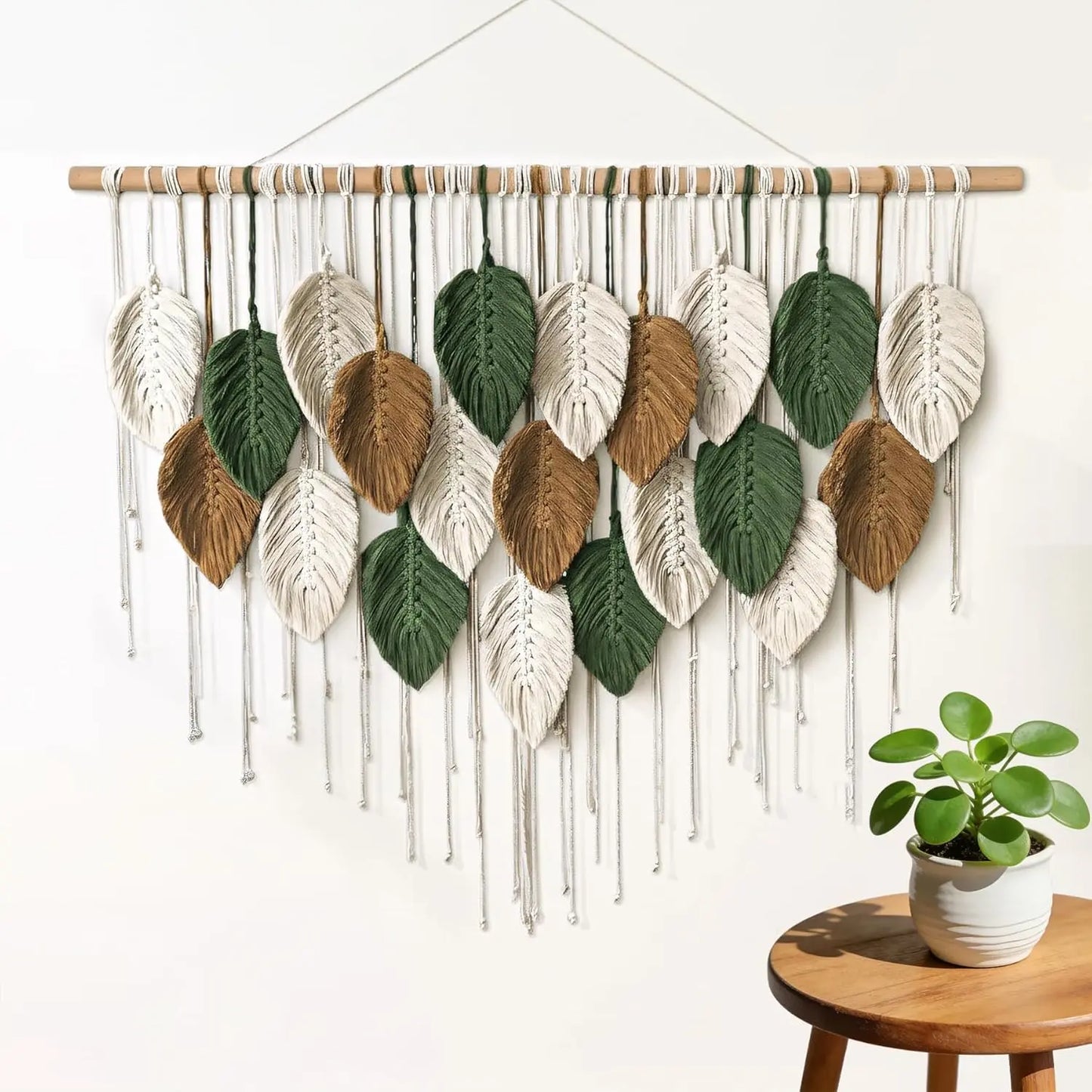OUEST Large Cotton Macrame Wall Hanging - Hangable Wood Minimalist Boho Woven Tapestry, Handmade Leaf Feather Bohemian Wall Decoration, Home Decor for Living Room Bedroom 39" W x 29.5" L