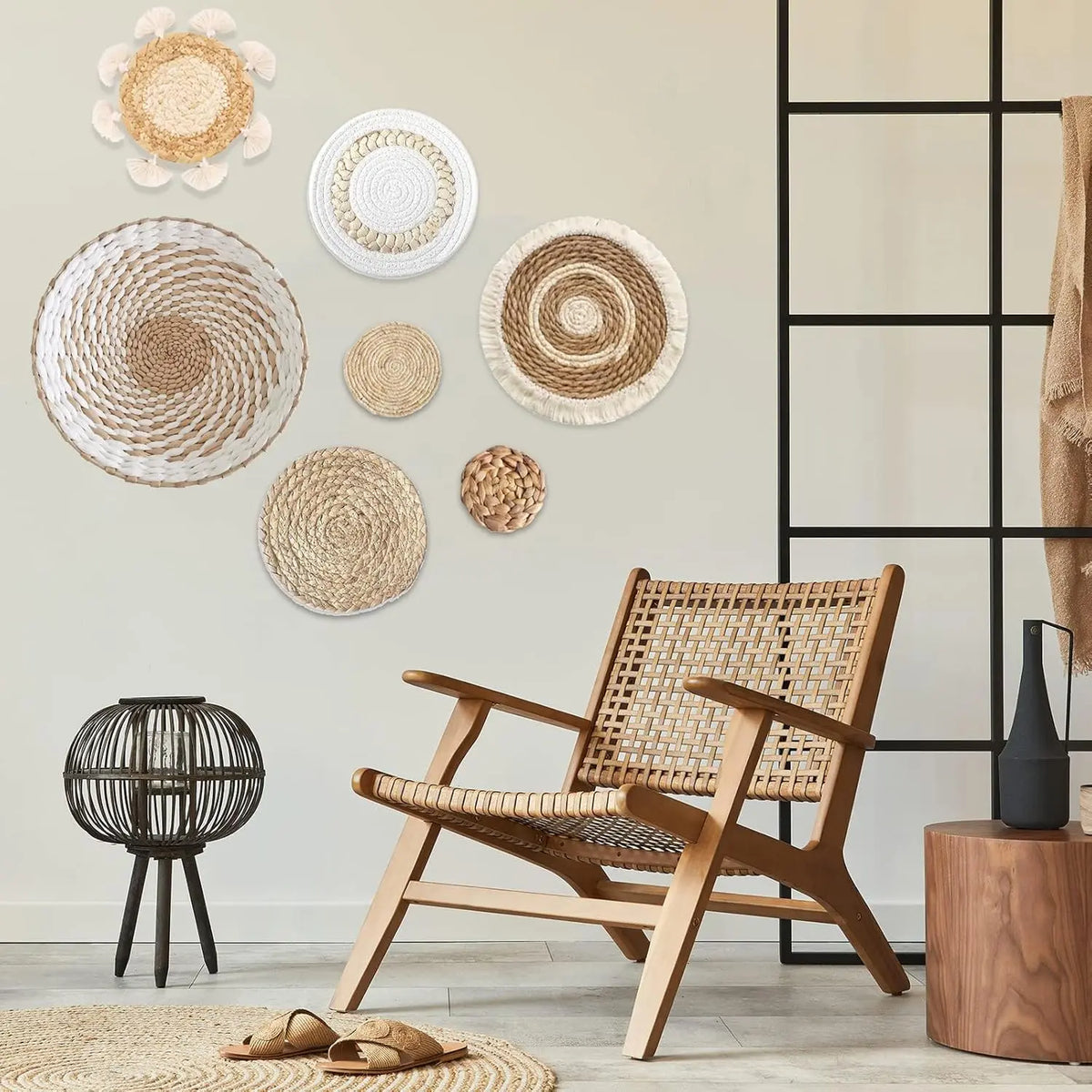 7pcs Durable Unique Weave Hangable Seagrass Baskets - Handmade Heat-Resistant Natural Rattan Specialty Kitchen Utensil Holders, Boho Wall Ornaments for Living Room, Bedroom, Wall Decor