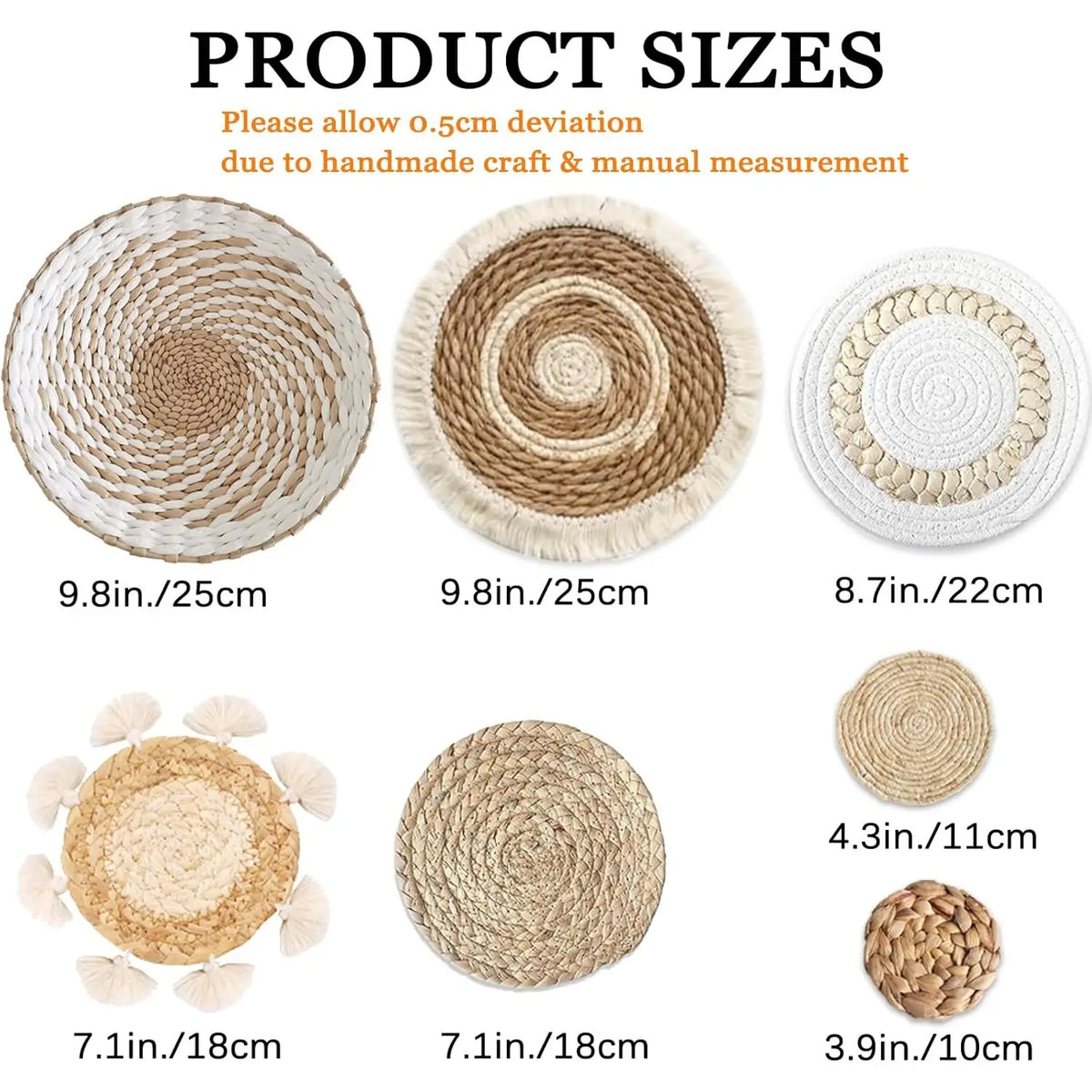 7 Pack Boho Seagrass Rattan Wicker Circular Wall Baskets - Handcrafted Grass Hanging Planters & Baskets, Decorative Wall Art with Handmade Details Uniquely Yours for Farmhouse Living Rooms, Home Decoration Gift Ornaments
