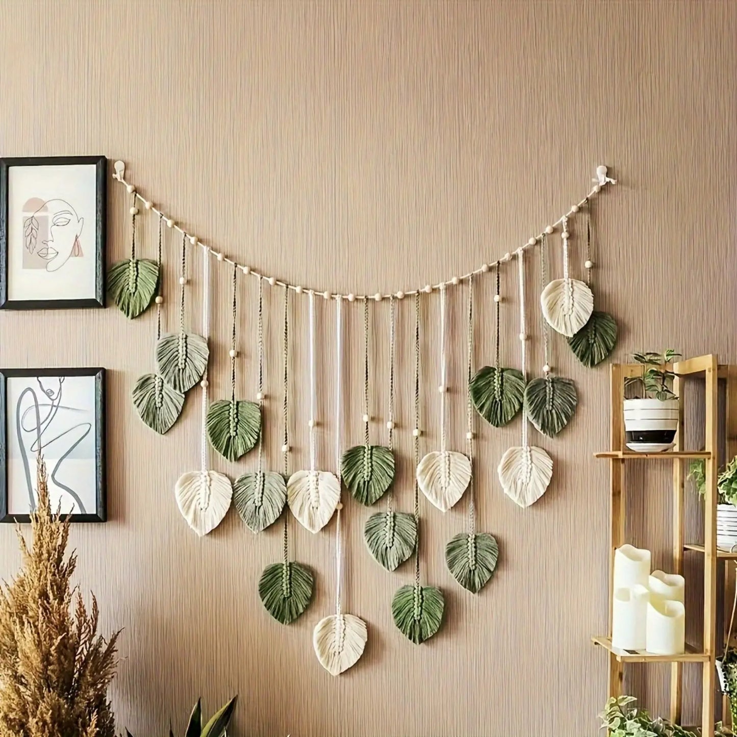 Wall Hanging Nursery Decor Leaves Woven Tapestry Feather Handmade Yarn Tassels Boho Wall Decor Leaves Art Decorations for Nursery Bedroom Living Room Apartment Home Backdrop (Green)