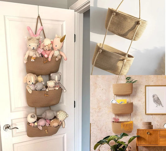 3-Tier Handwoven Rustic Wall-Mounted Storage Basket - Detachable Rope Design, Aesthetic Home Decor, Farmhouse Style, Room Organizer, Baby Nursery Organizer, Decoration Piece, Nursery Accent, Storage Basket For Room