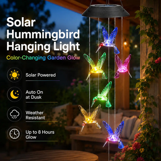 Color Changing  LED Hummingbird Wind Chimes, Waterproof Weather Resistant Outdoor Hanging Wind Chime Lights,  Auto On/Off Decor Lighting for Patio Lawn Courtyard Wedding Holiday Decor