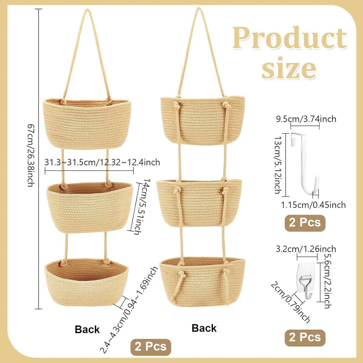 1/2-Pack Adjustable 3-Tier Woven Cotton Wall Hanging Baskets with 4 Hooks - Over-the-Door Jute Home Supplies Storage Organizer for Nursery, Bathroom, Entryway Decor, Baby Showers