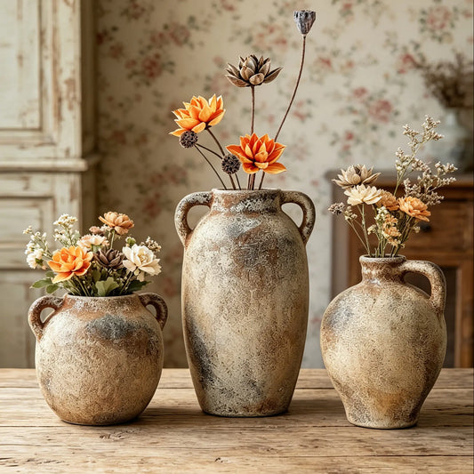 Creative Retro French Vintage Rustic Ceramic Vase with Handle, Decorative Flower Bottle for Home Decoration, Floral Arrangement Props, Vases For Flowers