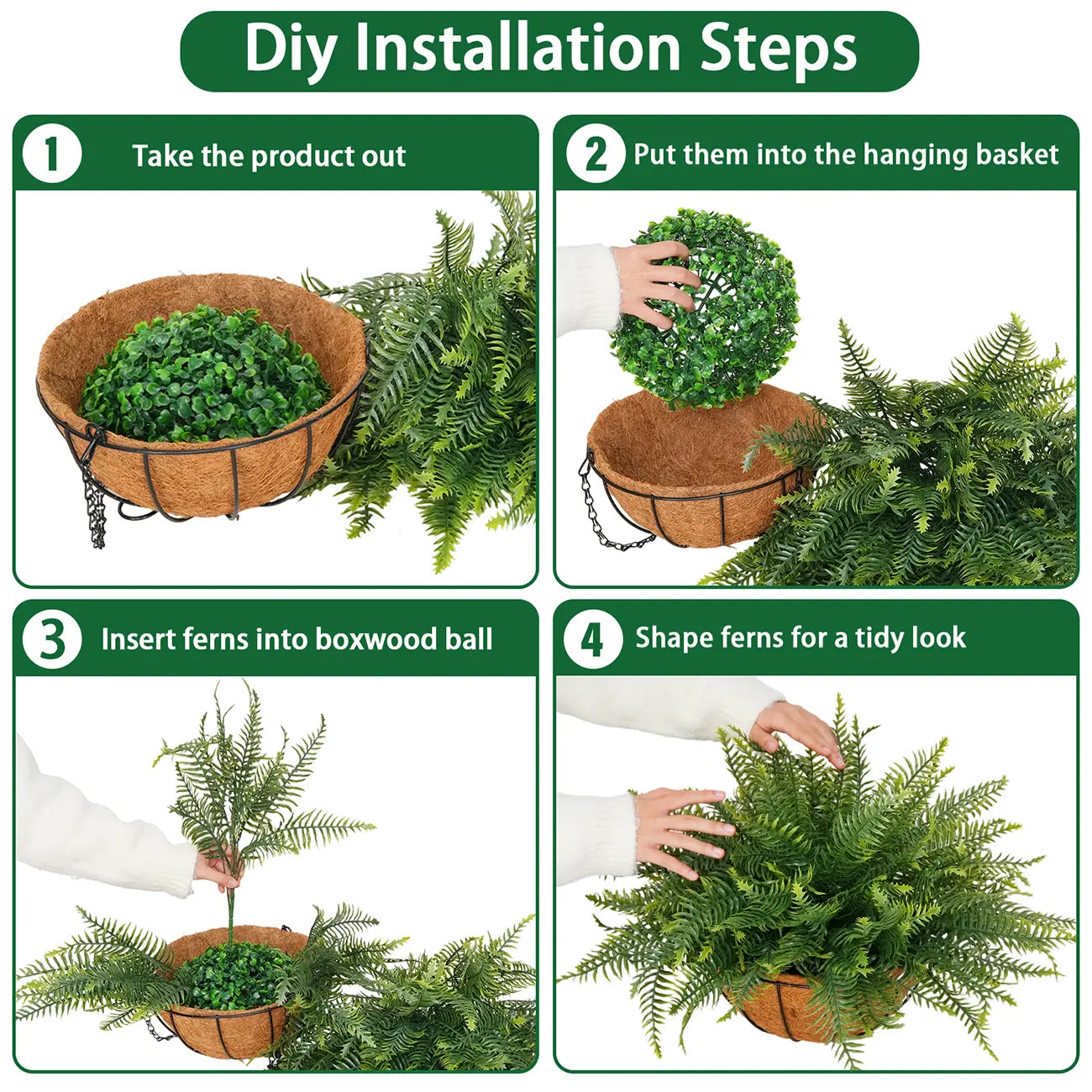 2 Pcs Low-Maintenance Artificial Hanging Fern Plant Set, Outdoor UV-Resistant Faux Ferns with Flower Basket, Hanging Baskets Included for Patio Garden Home Decor