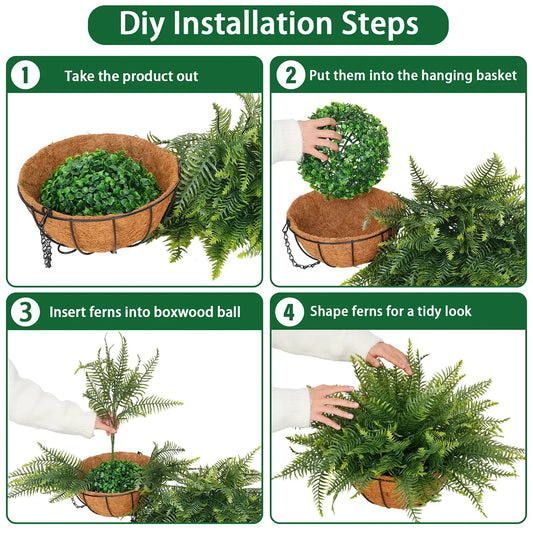 2 Pcs Low-Maintenance Artificial Hanging Fern Plant Set, Outdoor UV-Resistant Faux Ferns with Flower Basket, Hanging Baskets Included for Patio Garden Home Decor