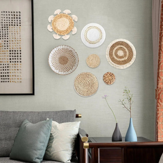 7-Pack Hanging Woven Seagrass Rattan Wicker Wall Baskets, Eco-Friendly Round Boho Home Wall Decor, Interior Decoration for Farmhouse Bedroom Kitchen, Ideal Gift for Room Decor
