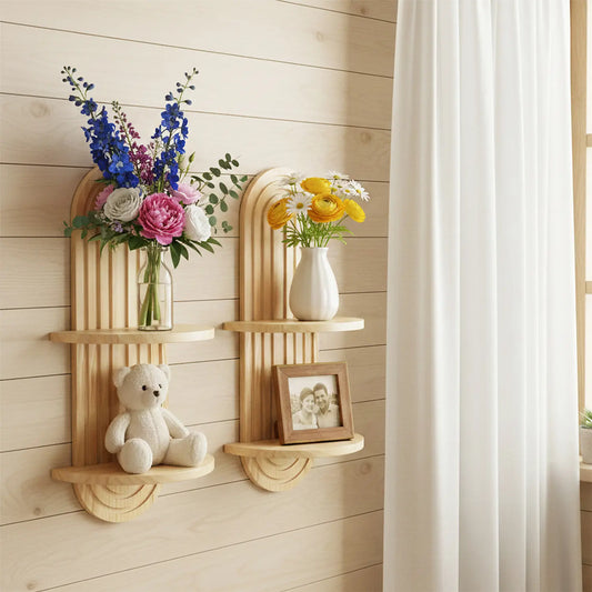 2-Pack Boho Arched Wooden Floating Wall Shelves Set, Mid-Century Modern Decorative Nature-Inspired Plant Shelves for Home Living Room, Easy Installation