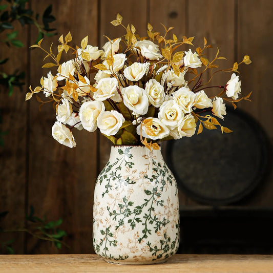 7.8 in Vintage Pastoral Green & Beige Ceramic Vase - Rustic Chic Chinoiserie Floral Decor for Living Room Decor, Table Centerpiece, Plants (No Flowers, Faux)