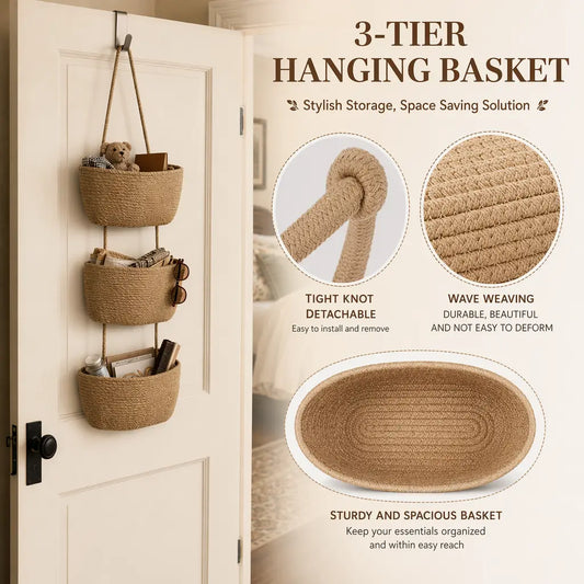 Woven Cotton Hanging Basket - 1-Tier & 3-Tier Options, Over-The-Door & Wall Mounting Home Organizer, Natural Look Home Decor, Floor Space Saver Multifunctional Bathroom Storage Basket