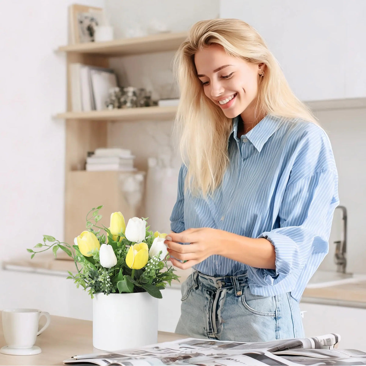 10 Pcs Artificial Tulips with Ceramic Vase, Real Touch PU Fake Tulip Stems for Easter, Spring, Wedding Bouquet, Home Centerpiece Floral Arrangement, and Table Décor in White & Yellow