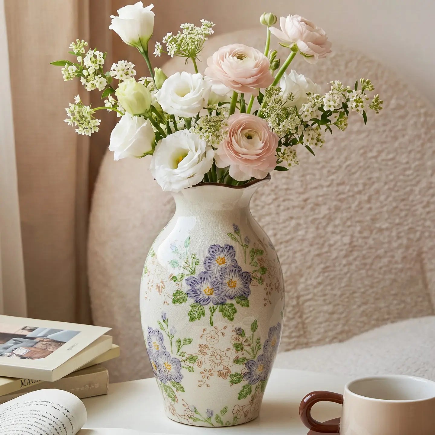 Handmade Ceramic Floral Vase, Hand-Painted Crackle Glaze Flower Vase, French Country Rustic Home Decor, Elegant Table Centerpiece