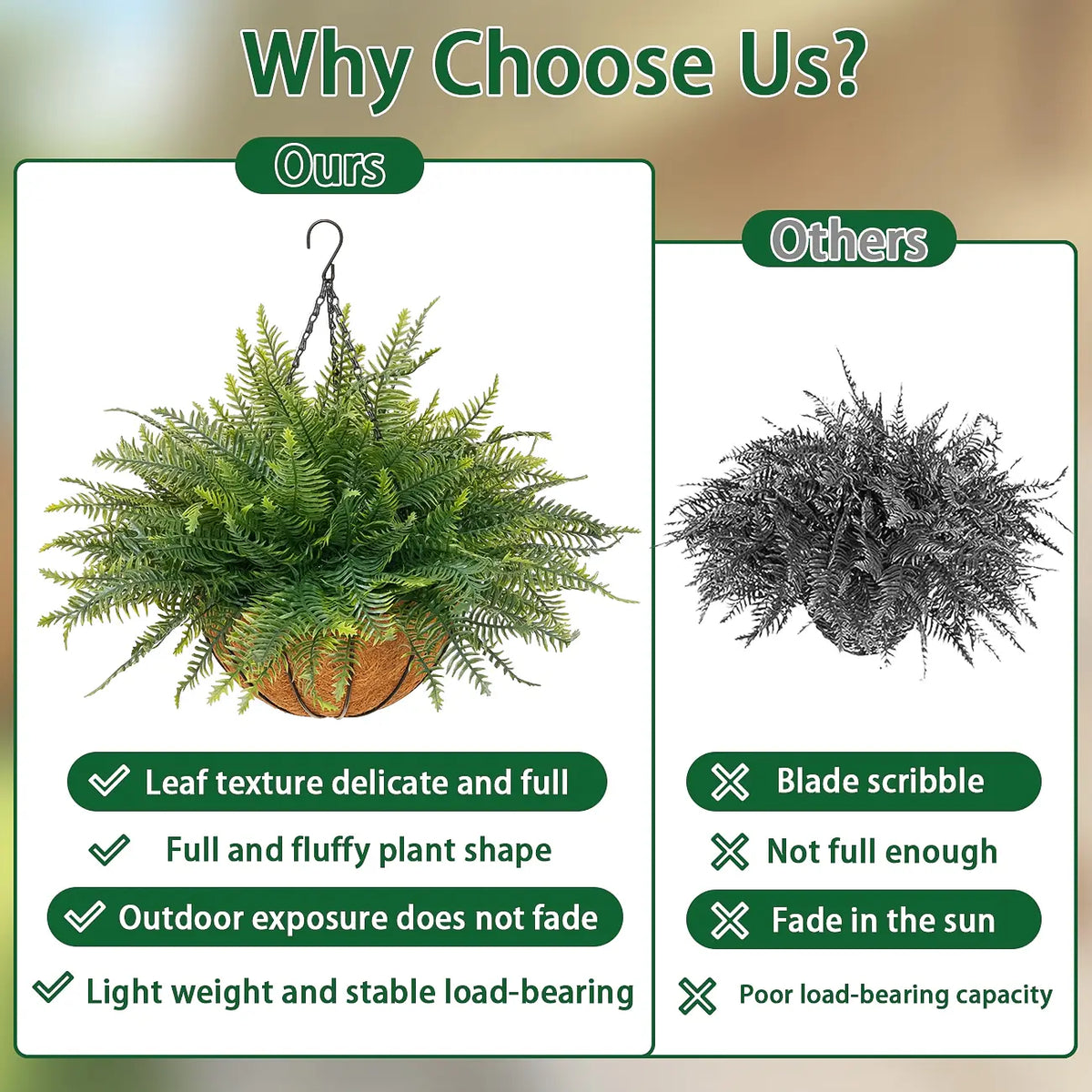2 Pcs Low-Maintenance Artificial Hanging Fern Plant Set, Outdoor UV-Resistant Faux Ferns with Flower Basket, Hanging Baskets Included for Patio Garden Home Decor