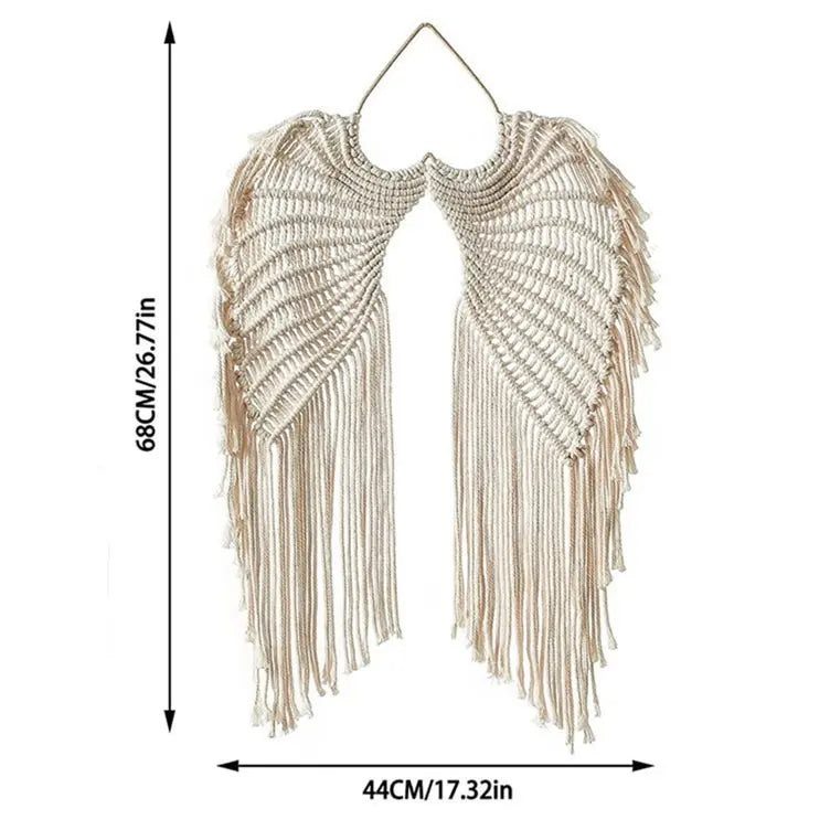 Macrame Wall Hanging - Handcrafted Bohemian Angel Wings Woven Cotton Rope Tapestry with Fringe, Aesthetic Whimsical Room Decor for Camping & Hiking Hammock Spaces, Boho House Decoration