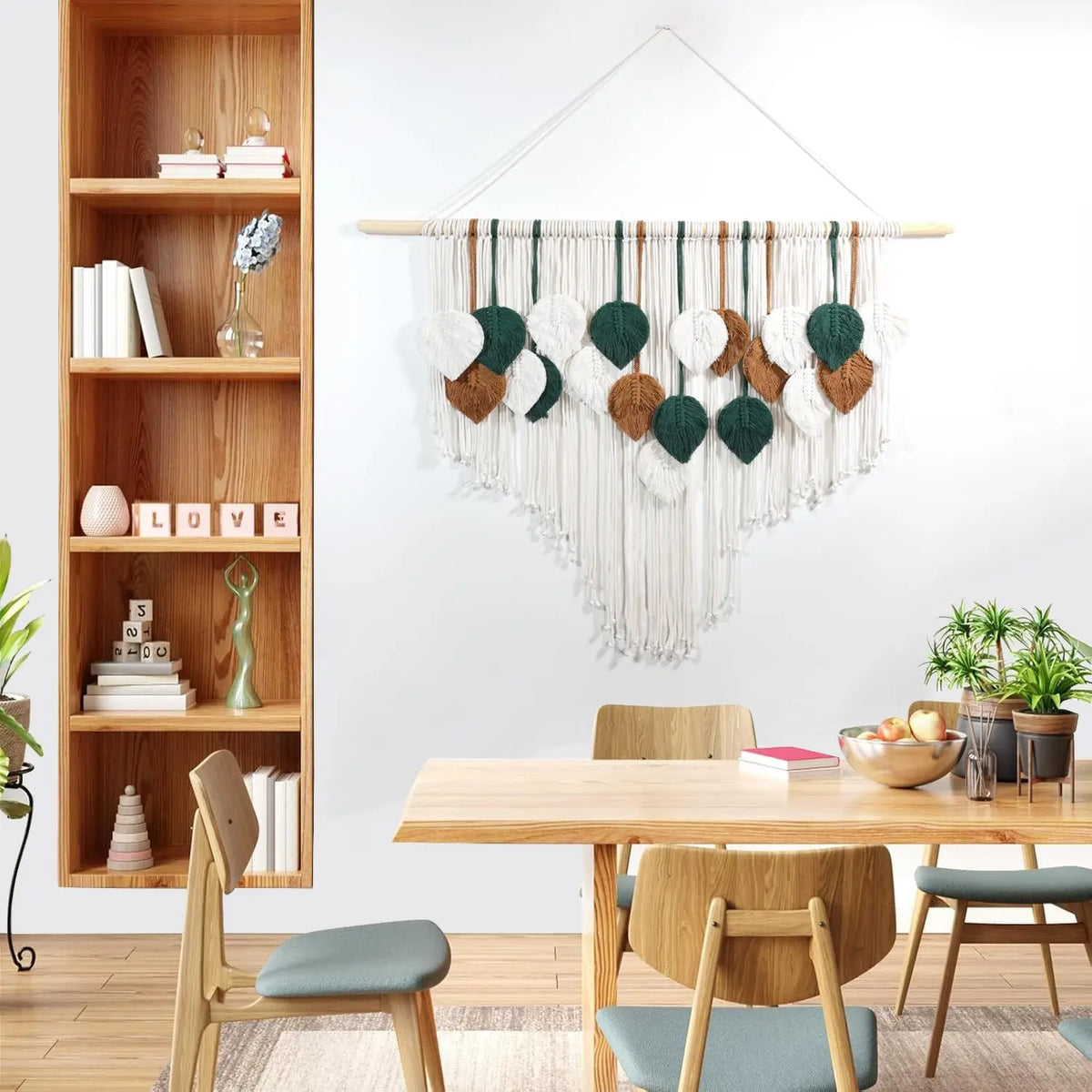 OUEST Large Cotton Macrame Wall Hanging - Hangable Wood Minimalist Boho Woven Tapestry, Handmade Leaf Feather Bohemian Wall Decoration, Home Decor for Living Room Bedroom 39" W x 29.5" L