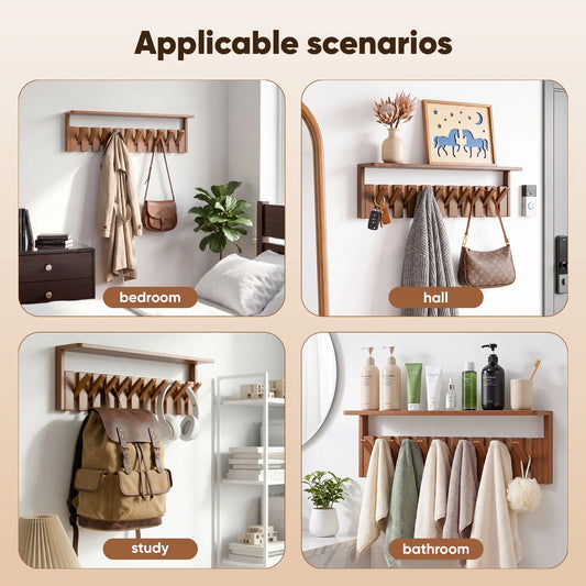 Piano-key Wooden Walnut Wall Rack with Shelf, Wall-mounted Entryway Hanging Shelf, Coat Rack Hooks Hangers for Closet, Kitchen, Bedroom, Bathroom, Entryway, Mudroom for Coat, Clothes, Hats, Robes, Bags and Towels Organizer Rustic Brown