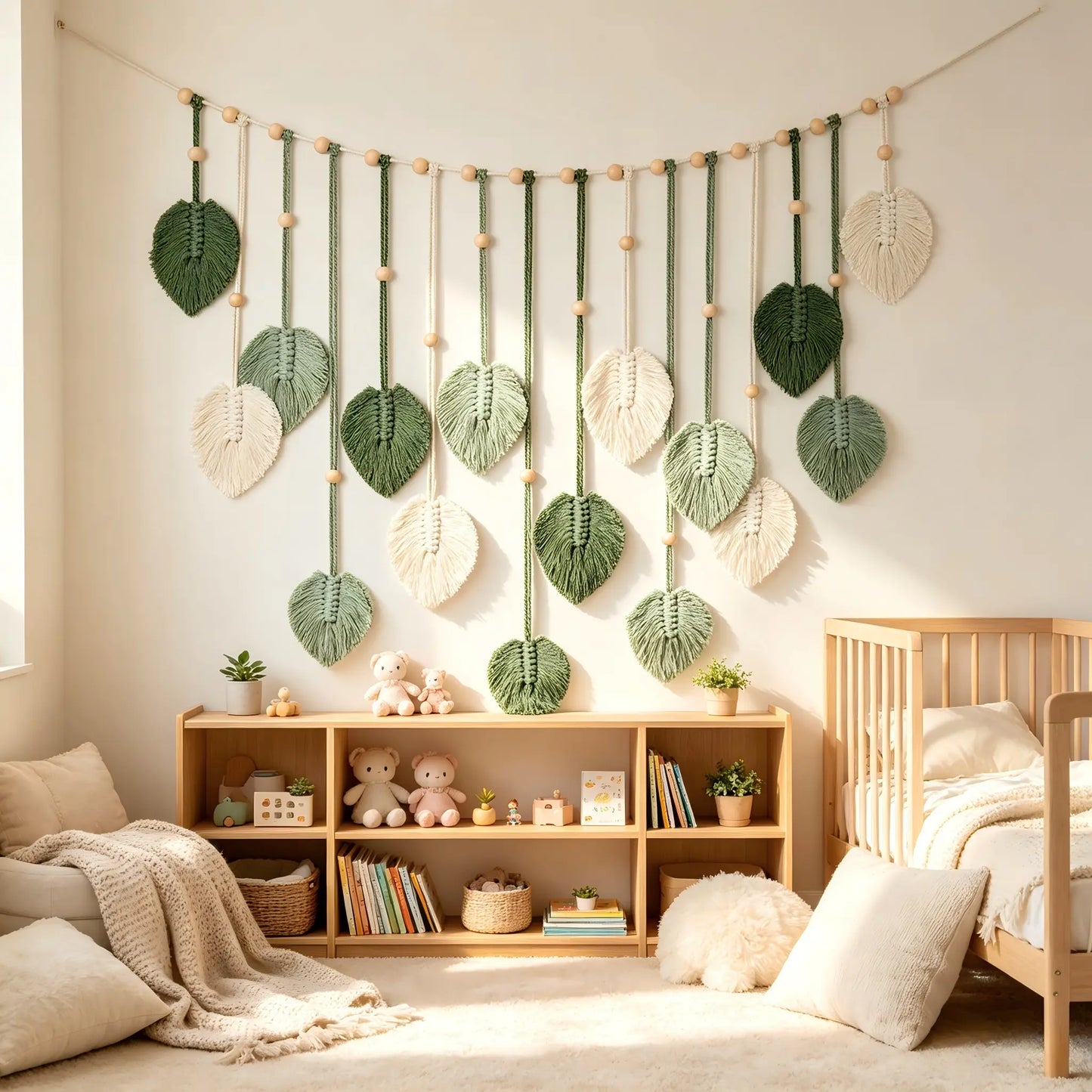 Large Green Hangable Macrame Leaf Tapestry - Boho Handmade Woven Leaf Feather Wall Art Decor, 29x51in Room Wall House Aesthetic Home Decor for Nursery Bedroom Holiday (Christmas, Thanksgiving) Use