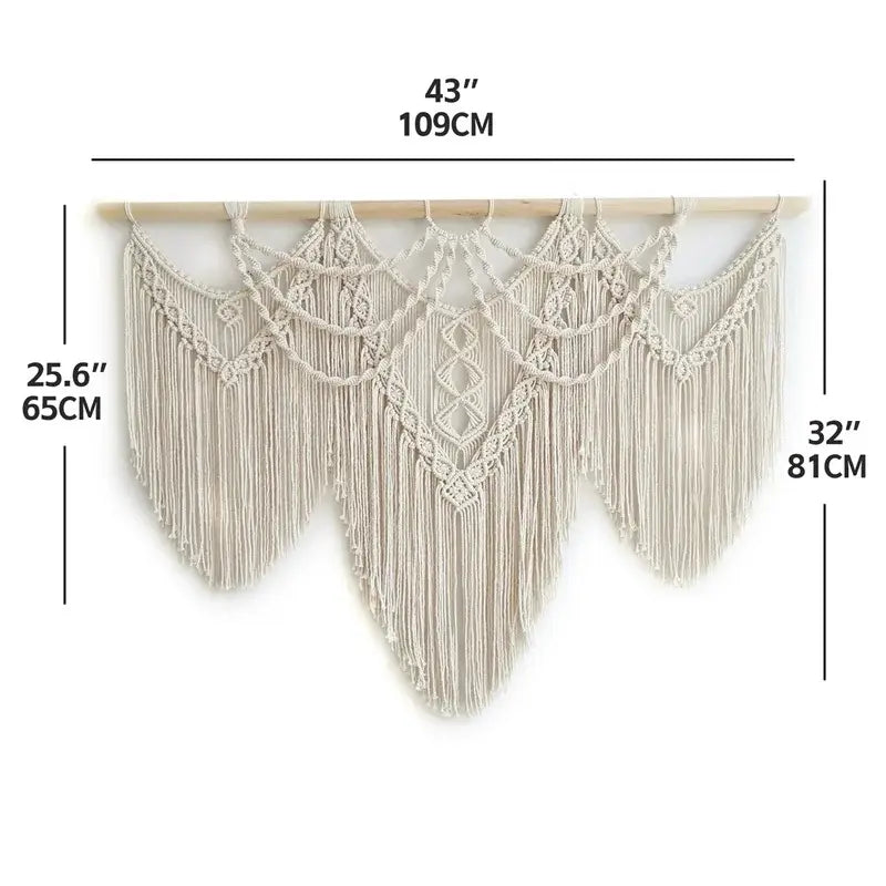 Handmade Woven Macrame Wall Hanging with Wooden Stick, Large Boho Tassel Curtain, Wedding Backdrop Decor